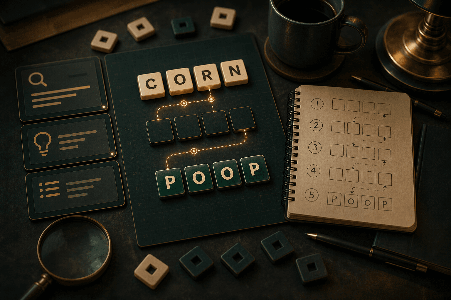 Editorial scene showing a step-by-step word ladder workflow with connected tiles